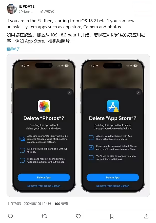 安新苹果手机维修分享iOS 18.2 支持删除 App Store 应用商店 